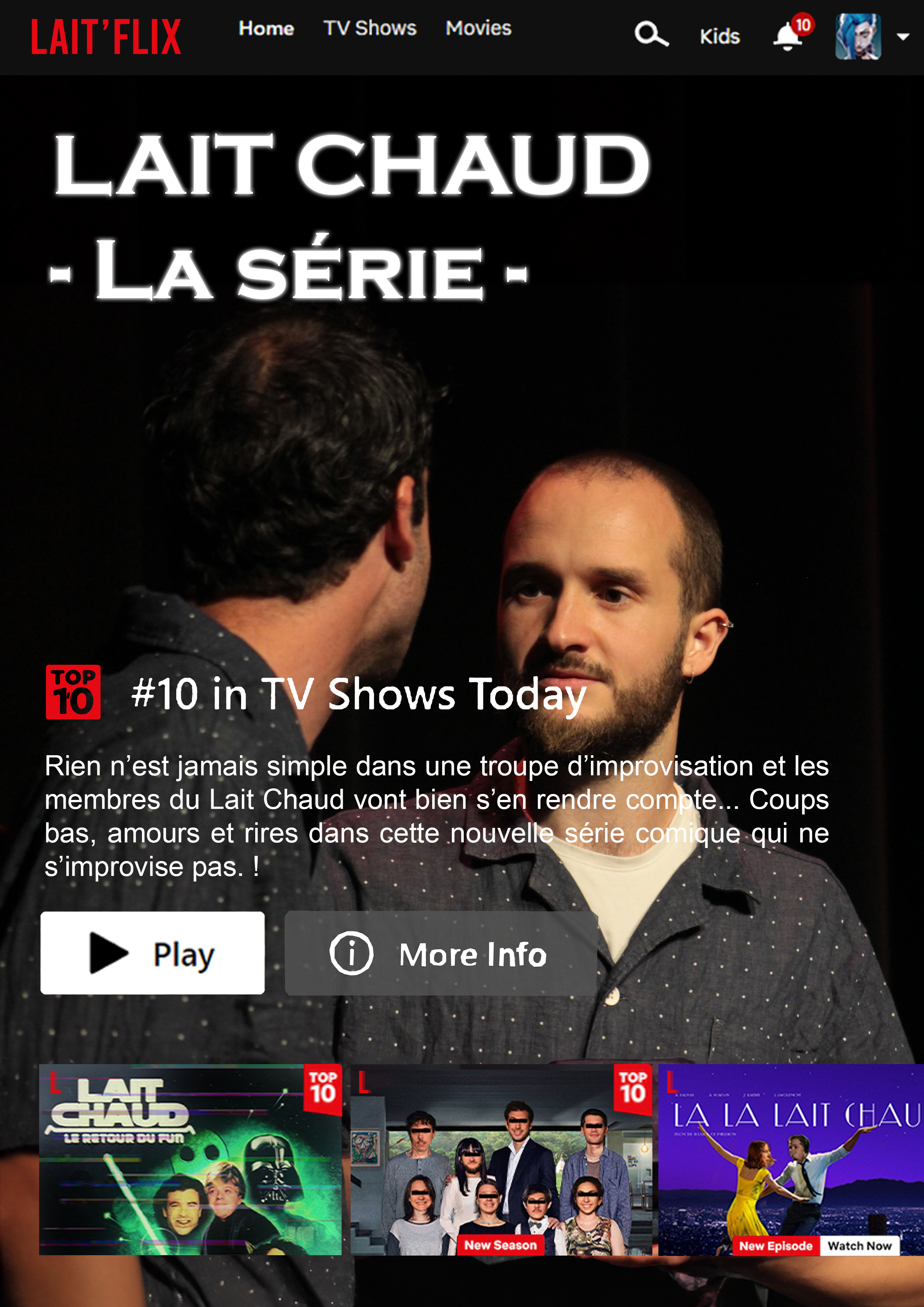 Affiche du spectacle Lait'Flix inspiré de l'interface du site Netflix